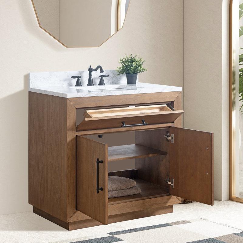 Bej Masif Kavak Ağacı Kompoze Mermer Tezgahlı Yavaş Kapanır Banyo Lavabo Dolabı - 92 cm - 198239
