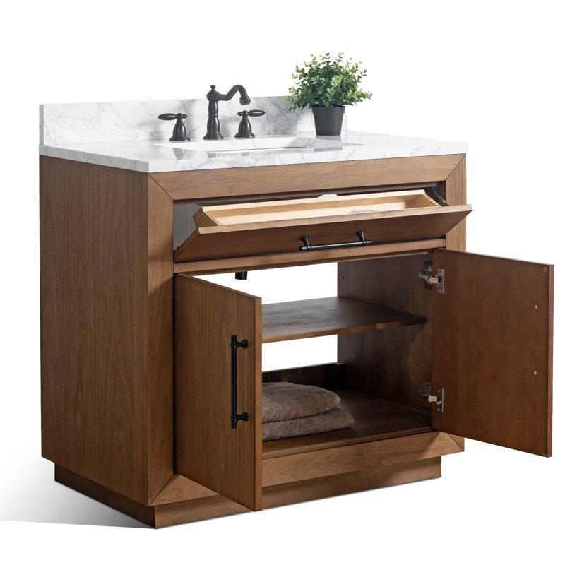 Bej Masif Kavak Ağacı Kompoze Mermer Tezgahlı Yavaş Kapanır Banyo Lavabo Dolabı - 92 cm - 198239