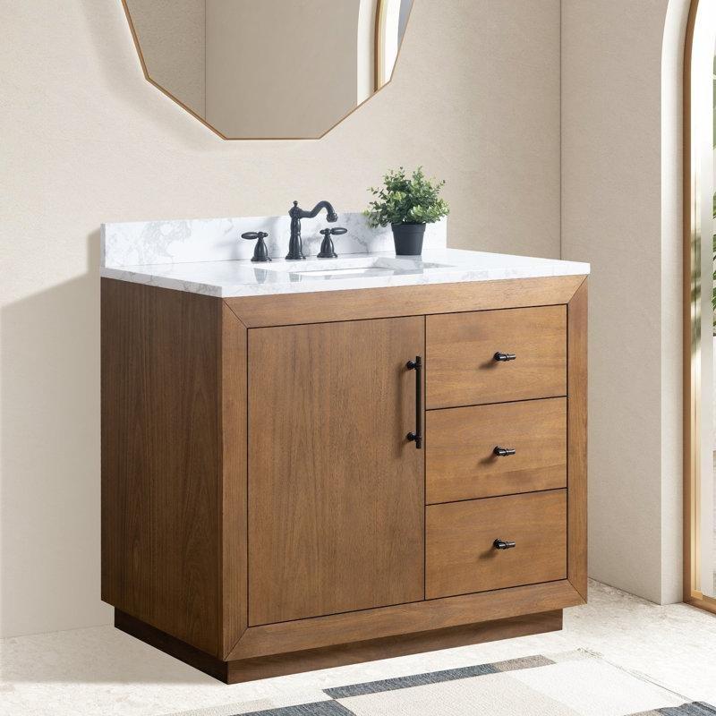 Bej Masif Kavak Ağacı Siyah Mermer Tezgahlı Yavaş Kapanır Çekmeceli Banyo Lavabo Dolabı - 107 cm - 197989