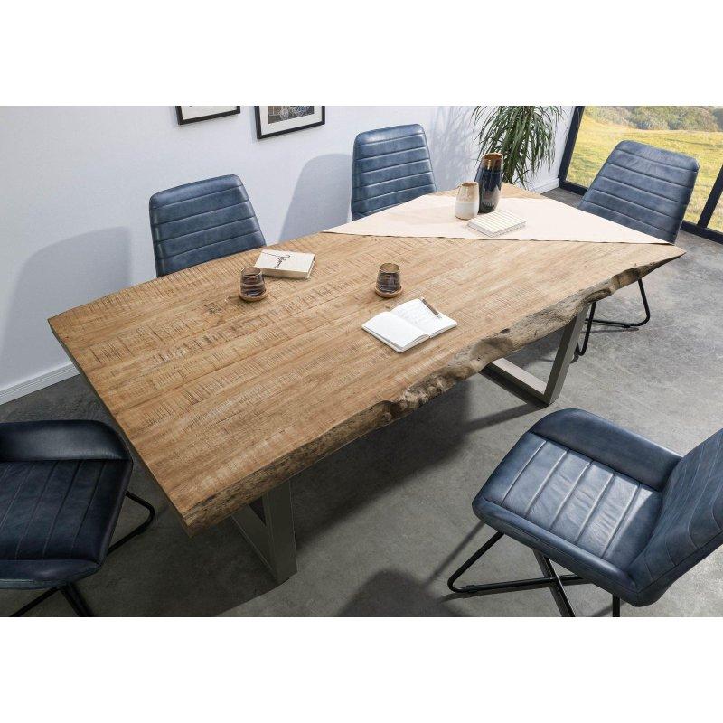 Bej Masif Mango Ahşap Kütük Kenarlı U Ayaklı Bohem Yemek Masası - 180x90 cm - 236003