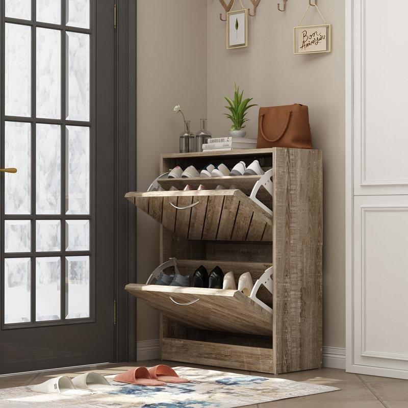 Bej Masif ve Endüstriyel Ahşap Ayarlanabilir Raflı Kapaklı Duvara Monte Ayakkabılık - 75x57x24 cm - 228159