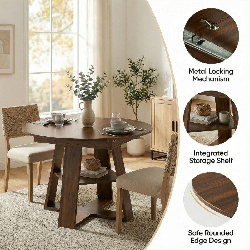 Bej MDF Raflı Açılabilir Çapraz Ayaklı Bohem Yemek Masası - 110-150 cm - 237613