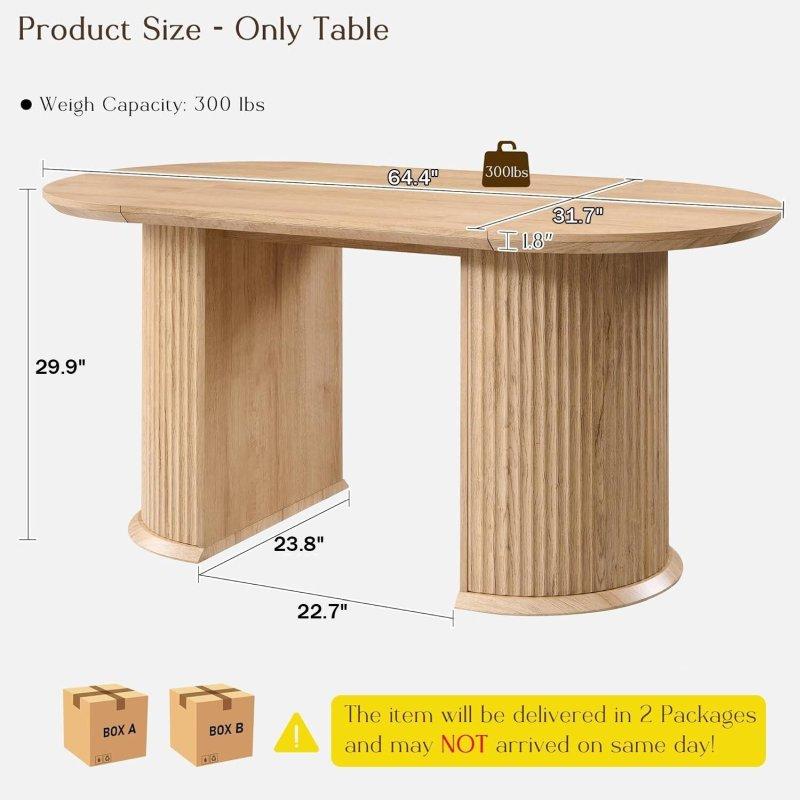 Bej MDF Yivli Yarım Silindir Kaideli Oval Bohem Yemek Masası - 162x81 cm - 237415