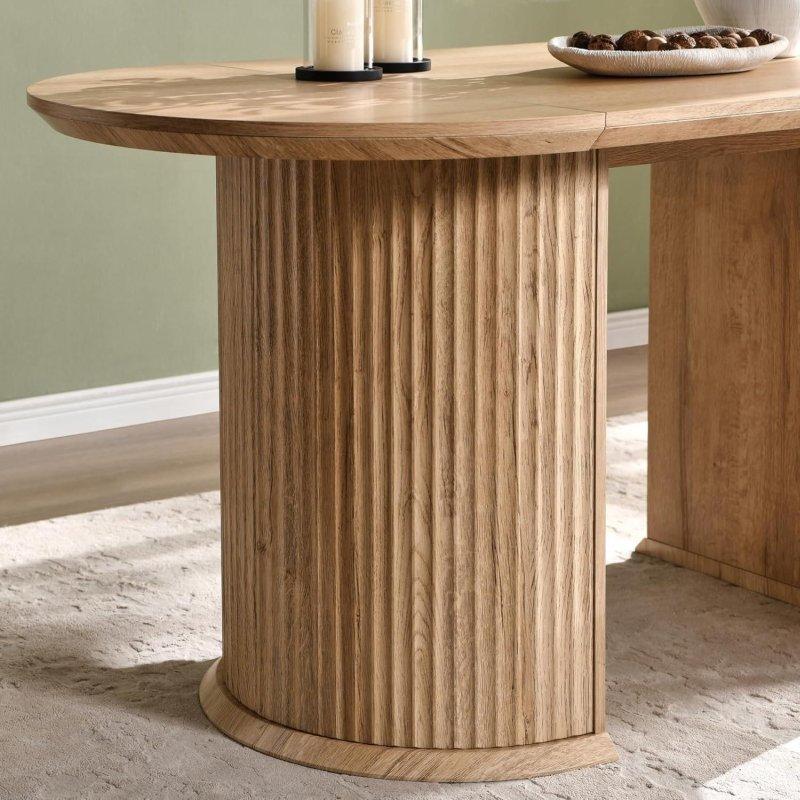 Bej MDF Yivli Yarım Silindir Kaideli Oval Bohem Yemek Masası - 162x81 cm - 237415