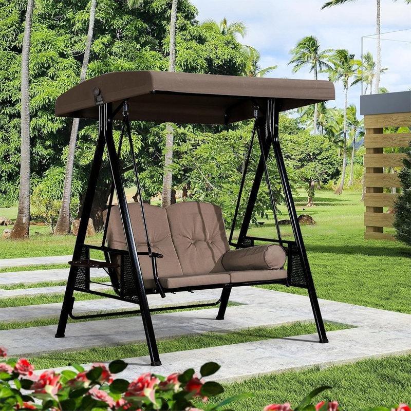 Bej Metal Gölgelikli ve Bardaklıklı Ayaklı İki Kişilik Balkon Salıncağı - 156 cm - 174433