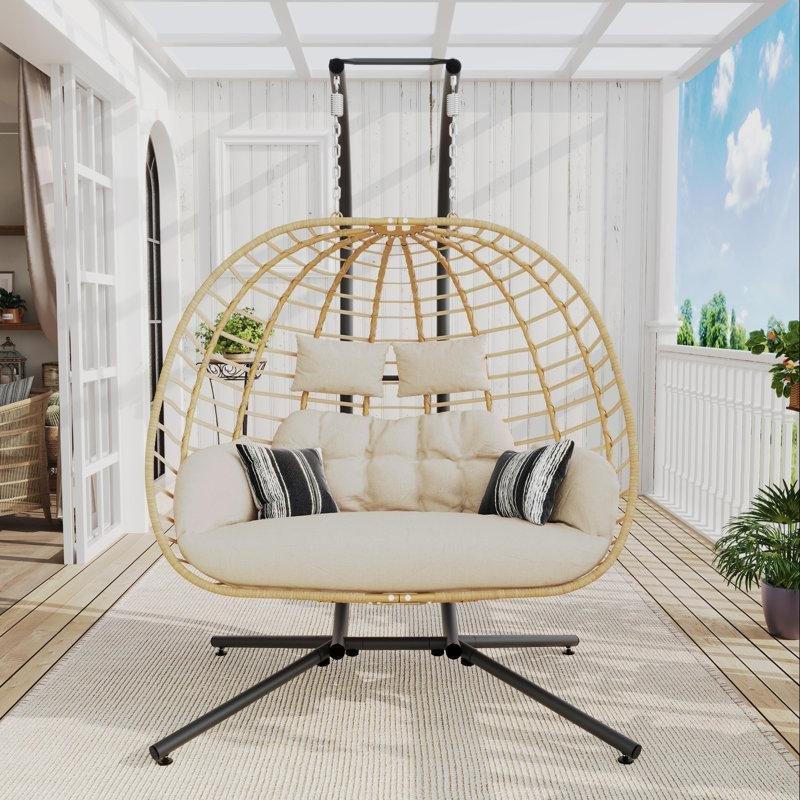 Bej Metal Hasır Ayaklı Çift Kişilik Balkon Salıncağı - 133 cm - 174998