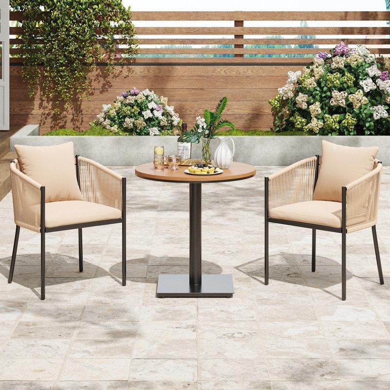 Bej Metal Rattan Dokuma Minderli Yuvarlak 2 Kişilik Bahçe Masa Takımı - 216296