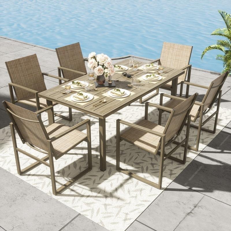 Bej Metal Şemsiye Delikli Ahşap Dokulu 6 Kişilik Bahçe Masa Takımı - 178x97 cm - 216530