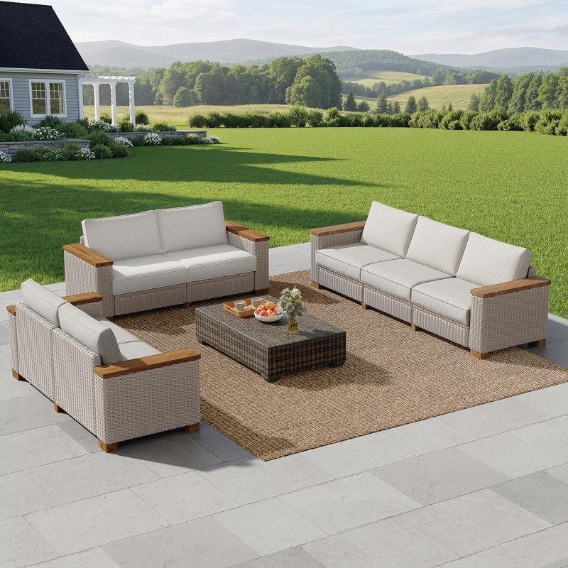 Bej Metal ve PE Rattan Modüler 7 Kişilik Minderli Bahçe Takımı - 209313
