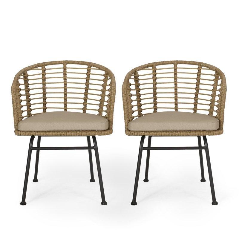 Bej Minderli Açık Kahverengi Rattan 2li Set Kollu Bahçe Sandalyesi - 173401