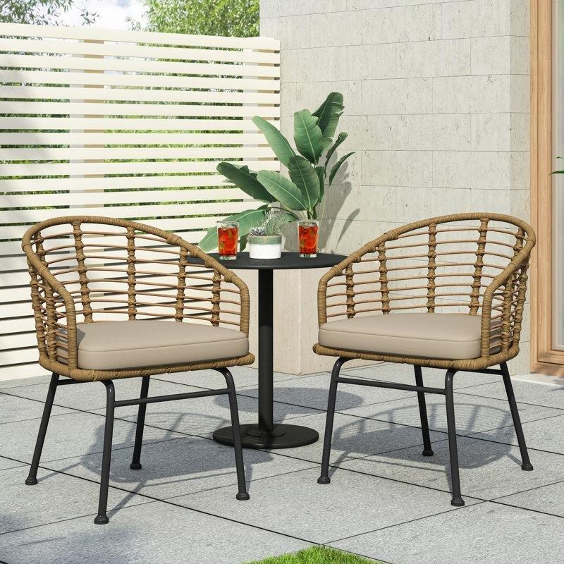 Bej Minderli Açık Kahverengi Rattan 2li Set Kollu Bahçe Sandalyesi - 173401