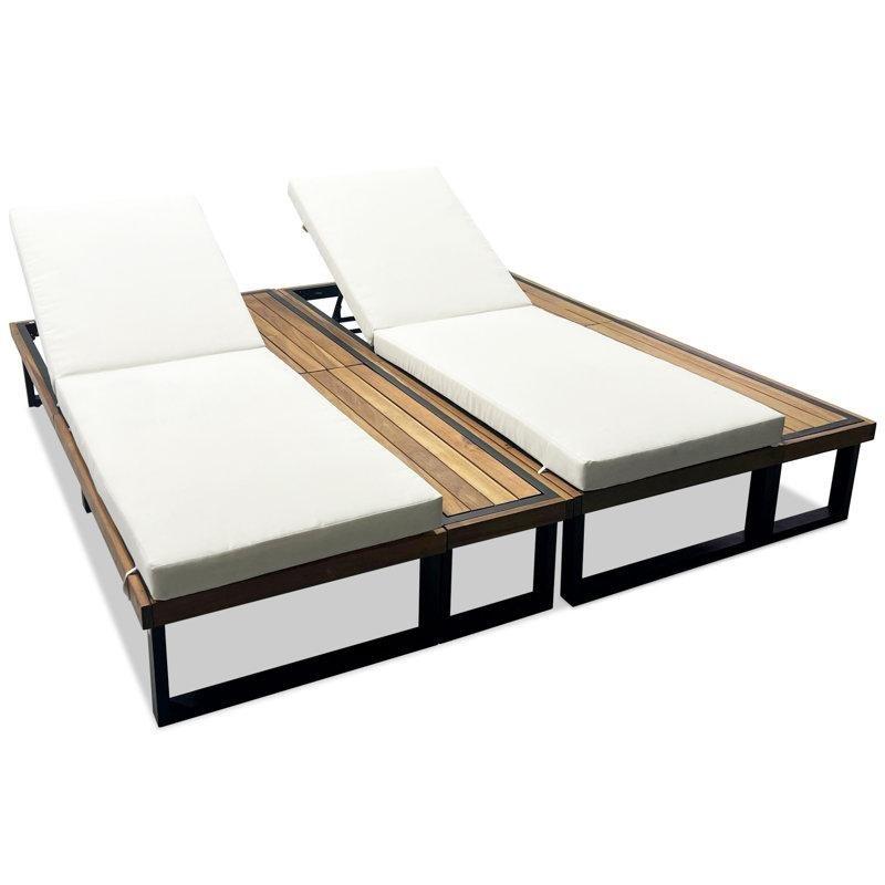 Bej Minderli Akasya Ahşap Ayarlanabilir Sırtlıklı Çift Kişilik Şezlong - 195x95 cm - 171432