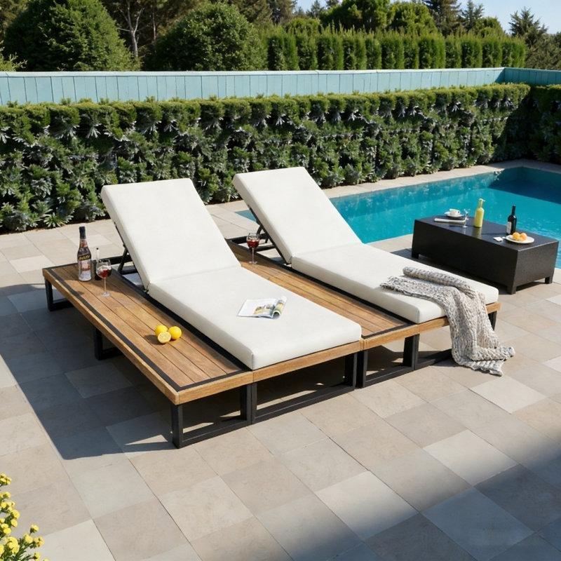Bej Minderli Akasya Ahşap Ayarlanabilir Sırtlıklı Çift Kişilik Şezlong - 195x95 cm - 171432