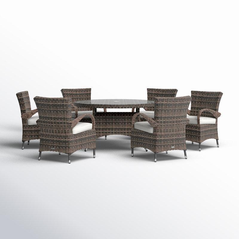 Bej Minderli Alüminyum ve Rattan Yuvarlak Cam Tablalı Şemsiye Delikli 6 Kişilik Bahçe Masa Takımı - 216787