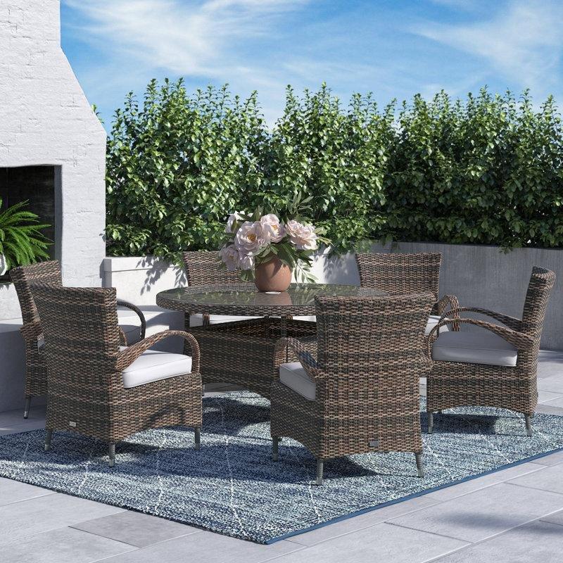 Bej Minderli Alüminyum ve Rattan Yuvarlak Cam Tablalı Şemsiye Delikli 6 Kişilik Bahçe Masa Takımı - 216787