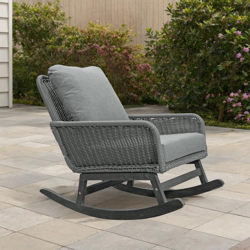 Bej Minderli Gri Rattan Masif Ahşap Dış Mekan 2li Sallanan Sandalye Seti - 218988