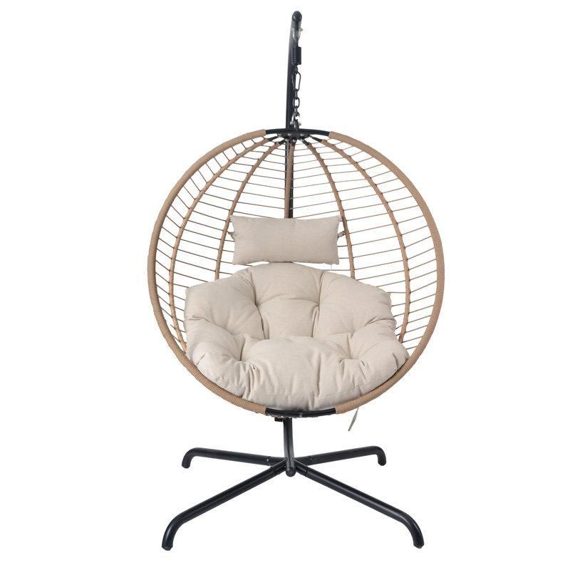 Bej Minderli Kahverengi PE Rattan Ayaklı Balkon Salıncağı - 201x115x110 cm - 175106