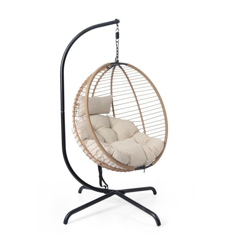 Bej Minderli Kahverengi PE Rattan Ayaklı Balkon Salıncağı - 201x115x110 cm - 175106