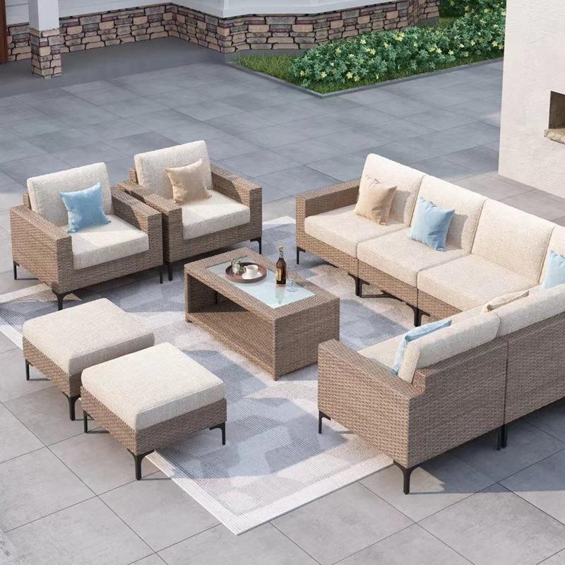 Bej Minderli Kahverengi Rattan Alüminyum İskeletli Modüler 10 Kişilik Bahçe Takımı - 209383