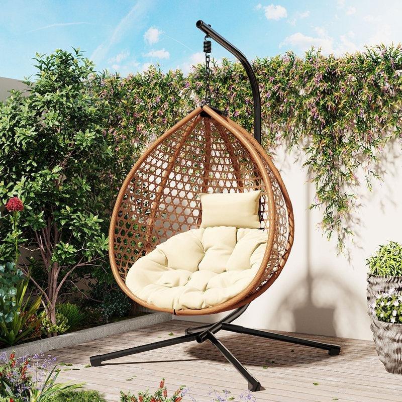 Bej Minderli Kahverengi Rattan Ayaklı Katlanabilir Balkon Salıncağı - 175064
