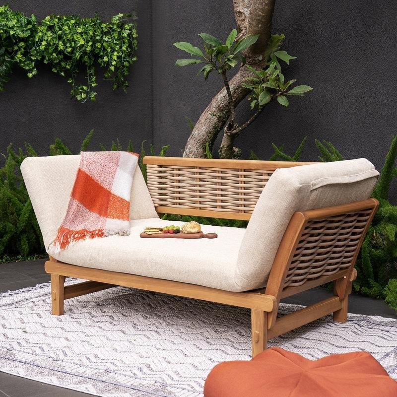 Bej Minderli Masif Tik Ağacı Dönüştürülebilir Bahçe Palet Koltuk - 201x81 cm - 177250