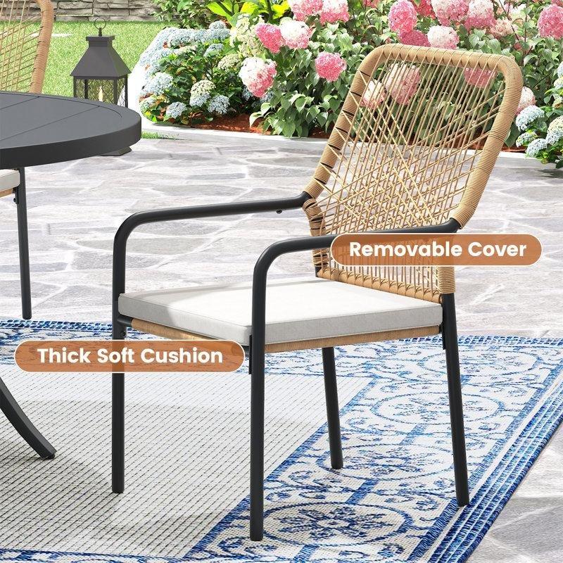 Bej Minderli Siyah Metal Rattan İstiflenebilir Bahçe Sandalyesi Seti - 2 Adet - 173453