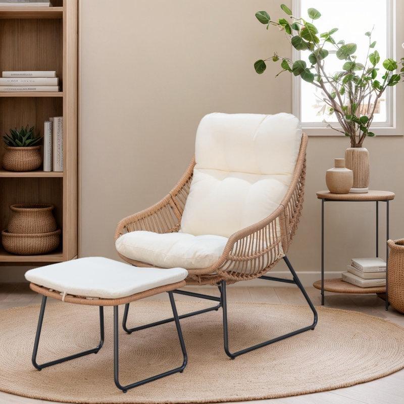 Bej Minderli ve Puflu Sarı Hasır Ergonomik Bahçe Sandalyesi - 175024