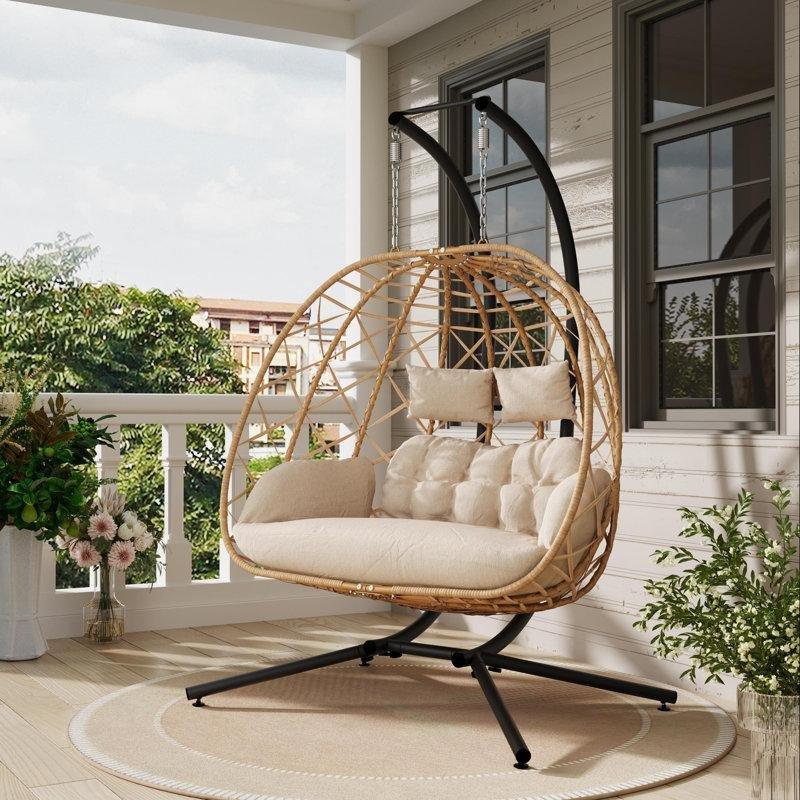 Bej PE Rattan Çift Kişilik Ayaklı Minderli Balkon Salıncağı - 174354