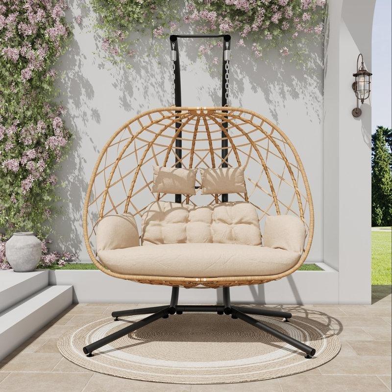 Bej PE Rattan Çift Kişilik Ayaklı Minderli Balkon Salıncağı - 174354