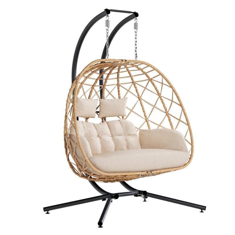 Bej PE Rattan Çift Kişilik Ayaklı Minderli Balkon Salıncağı - 174354
