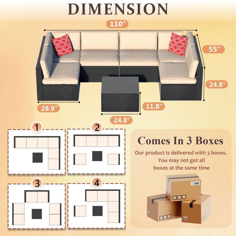 Bej PE Rattan Modüler Cam Tablalı 7 Parça Bahçe Takımı - 210118