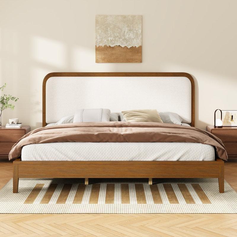 Bej Polyester Döşemeli Kahverengi Masif Akasya Ağacı Platform Bohem Yatak Odası - 182027