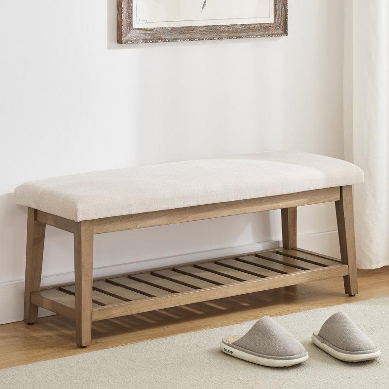 Bej Polyester Döşemeli Masif Kavak Ağacı Raflı Bench - 112 cm - 164770