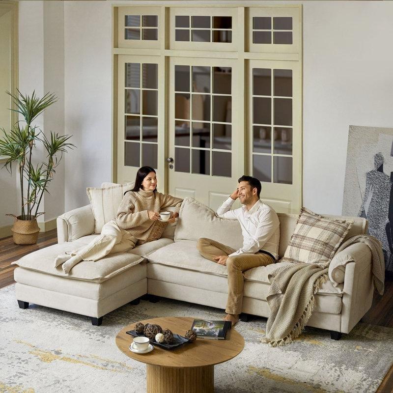 Bej Polyester Kumaş Fil Kulağı Kolçaklı Puflu Sol Köşe Modüler Koltuk Takımı - 275 cm - 194011