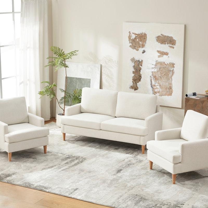 Bej Polyester Kumaş Masif Ahşap Ayaklı 3 Parça Koltuk Takımı - 192050