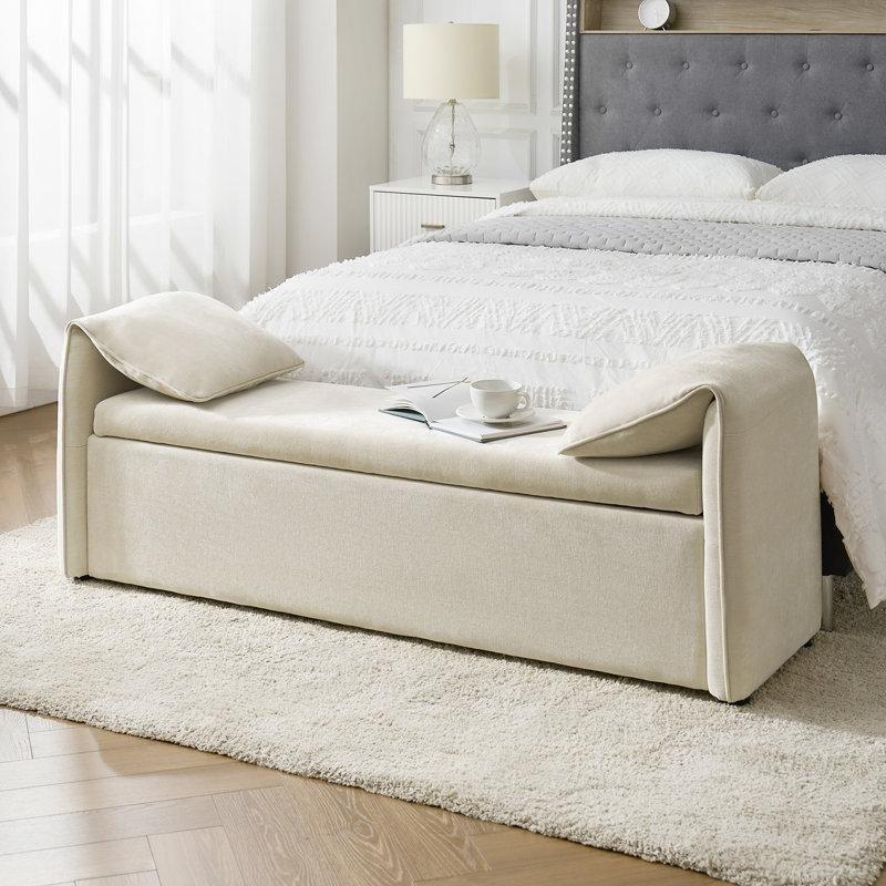 Bej Polyester Kumaş Sandıklı Fil Kulağı Yastıklı Ahşap Ayaklı Bench - 155 cm - 164365