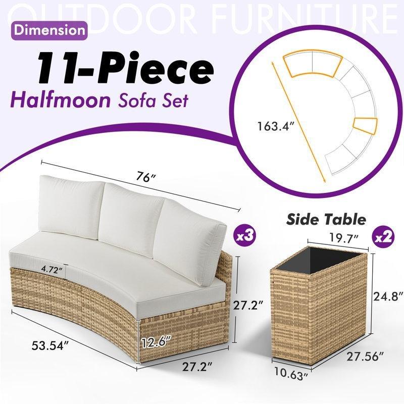 Bej Rattan 11 Parça 9 Kişilik Yarım Ay Tasarımlı Bahçe Takımı - 212698