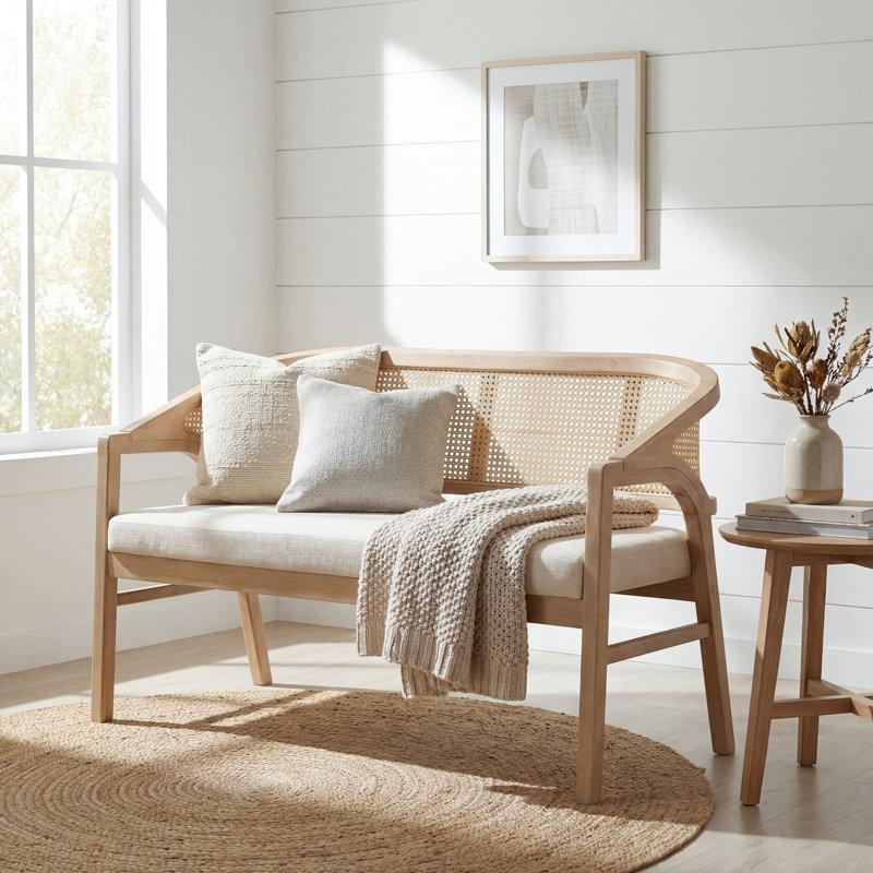 Bej Rattan Kavisli Masif Ahşap İkili Koltuk - 118 cm - 205729