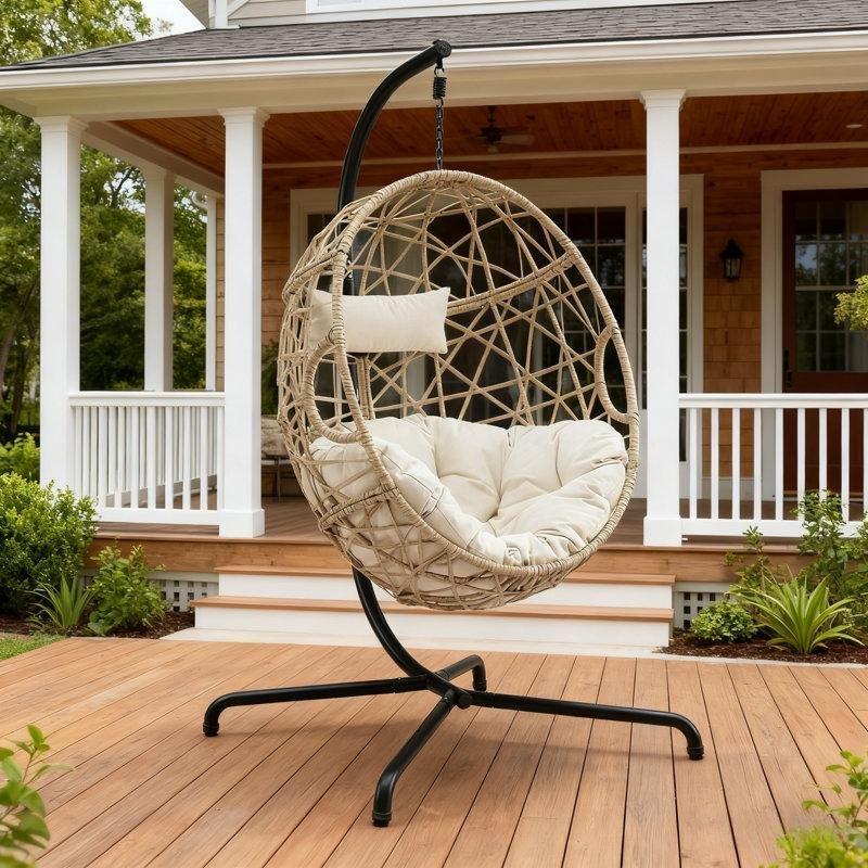 Bej Rattan Metal Ayaklı Yumurta Tipi Balkon Salıncağı - 173999