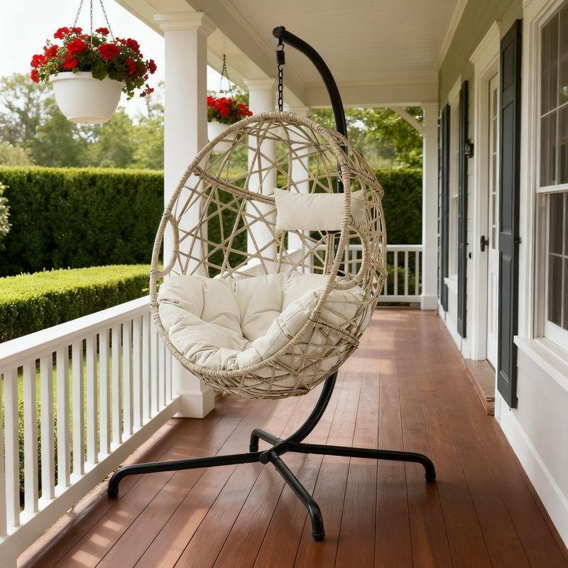 Bej Rattan Metal Ayaklı Yumurta Tipi Balkon Salıncağı - 173999