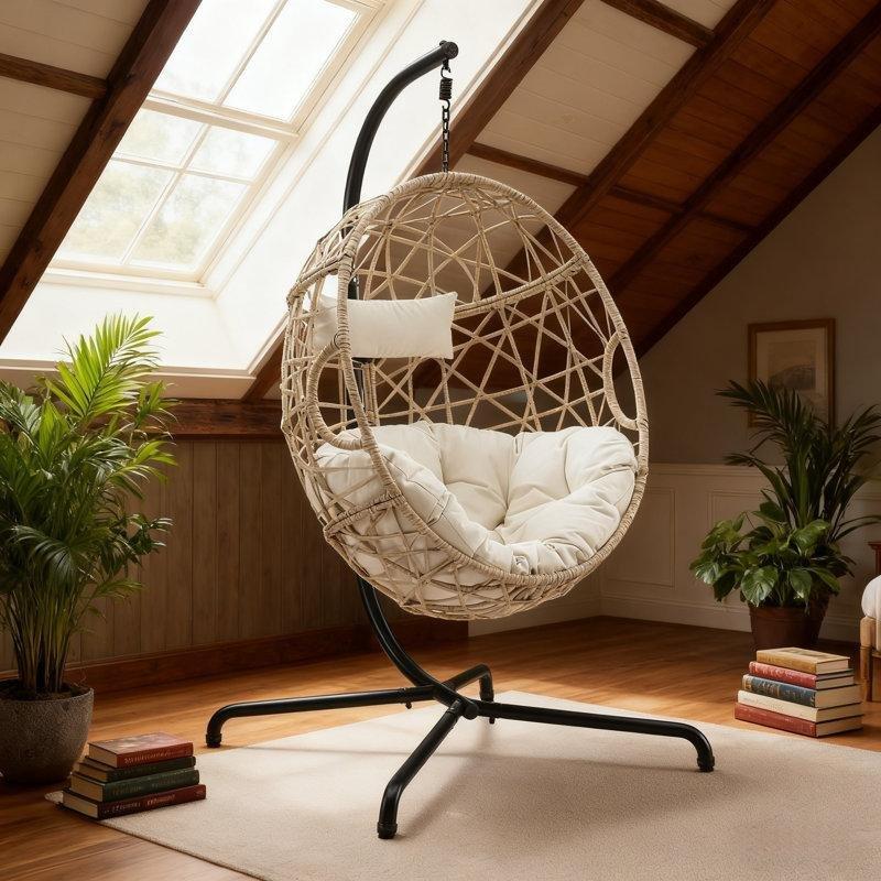 Bej Rattan Metal Ayaklı Yumurta Tipi Balkon Salıncağı - 173999