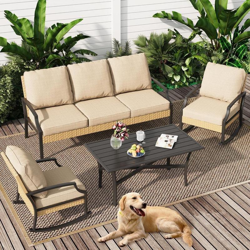 Bej Rattan Metal Sallanan Sandalyeli Bahçe Takımı - 212529