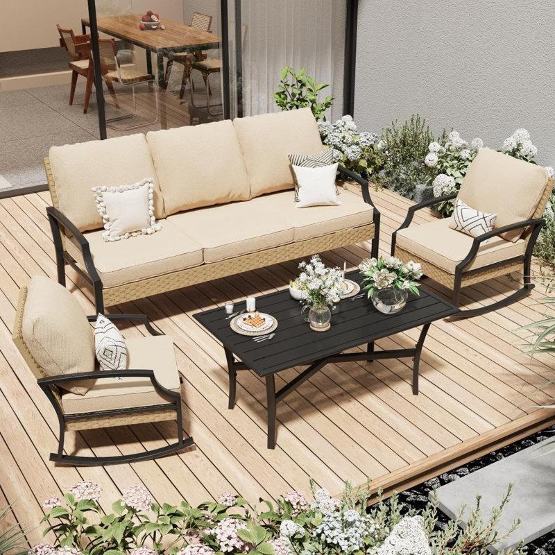 Bej Rattan Metal Sallanan Sandalyeli Bahçe Takımı - 212529