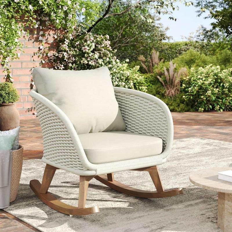 Bej Rengi Masif Akasya Ahşap ve PE Rattan Minderli Sallanan Sandalye - 75x82 cm - 219117