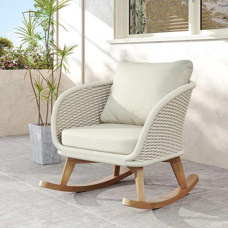 Bej Rengi Masif Akasya Ahşap ve PE Rattan Minderli Sallanan Sandalye - 75x82 cm - 219117