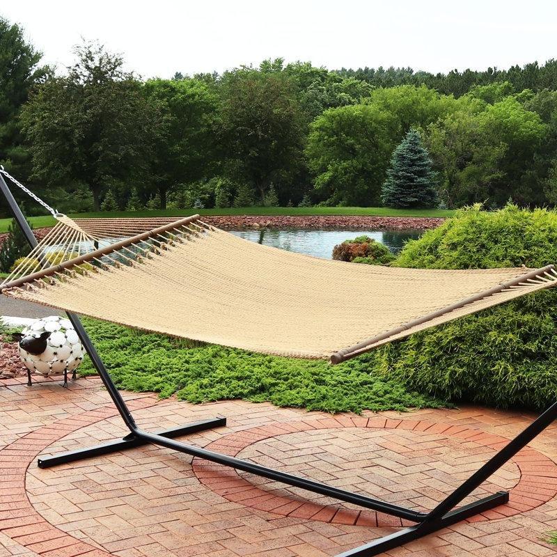 Bej Rengi Polyester Örgü Ahşap Çubuklu İki Kişilik Hamak - 326x122 cm - 178480