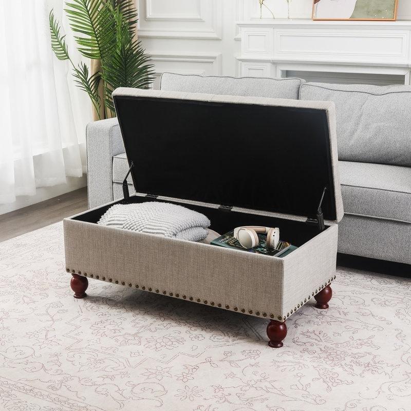 Bej Sandıklı Kapitoneli Zımba Detaylı Keten Bench - 102 cm - 164605