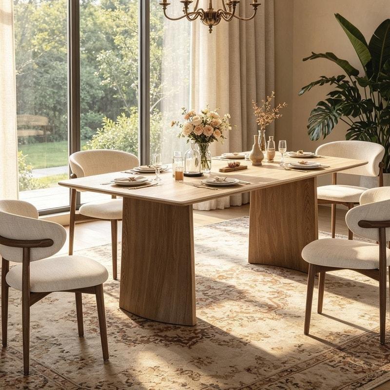 Bej Sinterlenmiş Taş Tablalı Ceviz Ahşap Dikdörtgen 6 Kişilik Bohem Yemek Masası - 181x90 cm - 237999