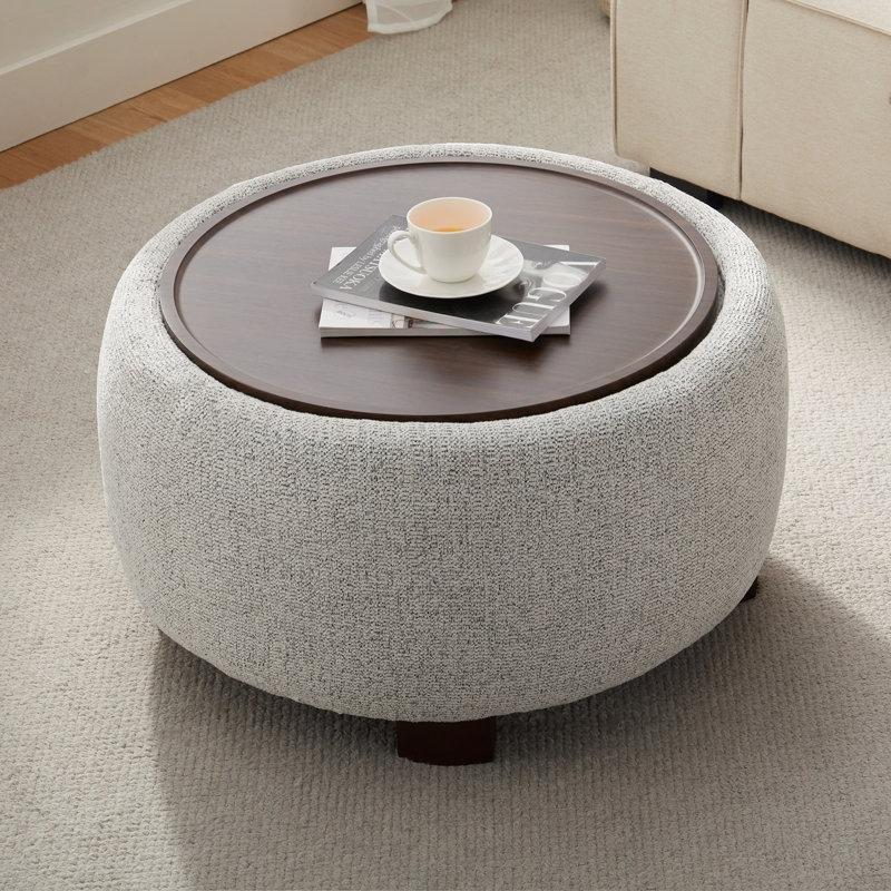 Bej Şönil Kumaş Ahşap Ayaklı Tepsili Sandıklı Yuvarlak Puf - 75 cm - 165028