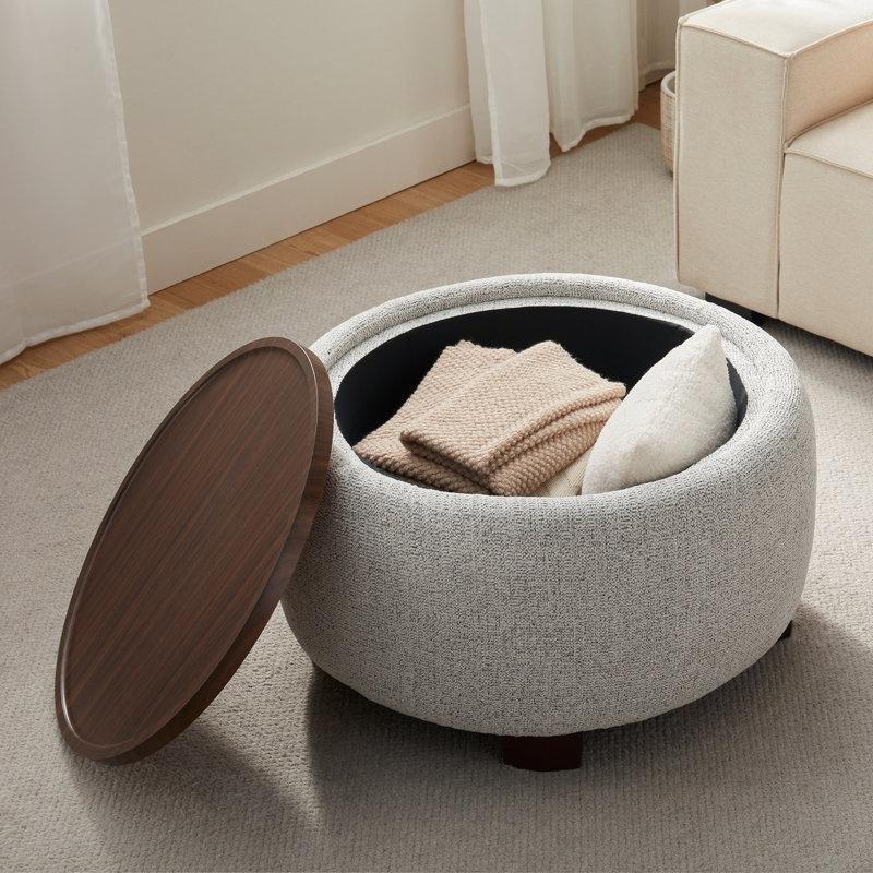 Bej Şönil Kumaş Ahşap Ayaklı Tepsili Sandıklı Yuvarlak Puf - 75 cm - 165028